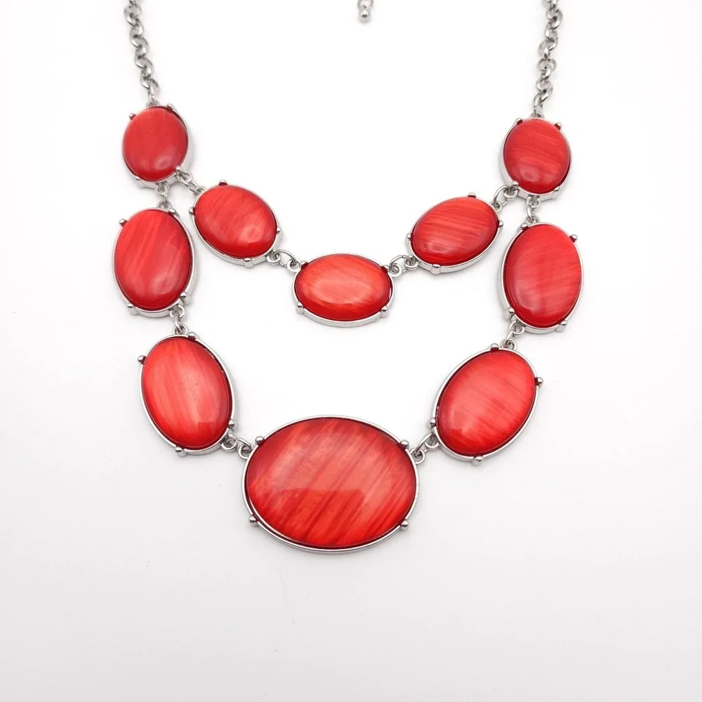 Charming Charlie Silver Tone‎ Necklace Red Oval Cabochon Bib